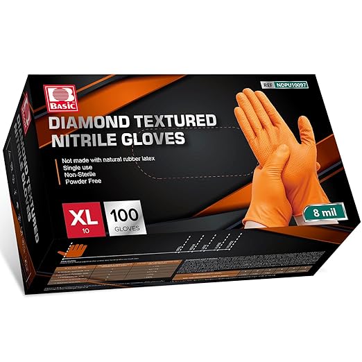 Jointown Basic Heavy Duty Nitrile Gloves, Mechanic Gloves 8 Mil Nitrile Disposable, with Raised Diamond Texture, Case of 100, Orange, XLarge