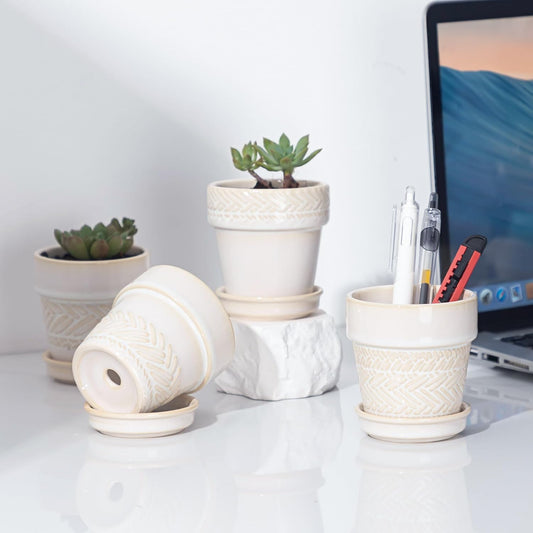 Succulent pots,Indoor Small Succulent Bonsai,3 Inch Mini Ceramic Succulent Pots with Saucer and Drainage Hole, Decorative Planter for Succulent, Cactus, Set of 4.