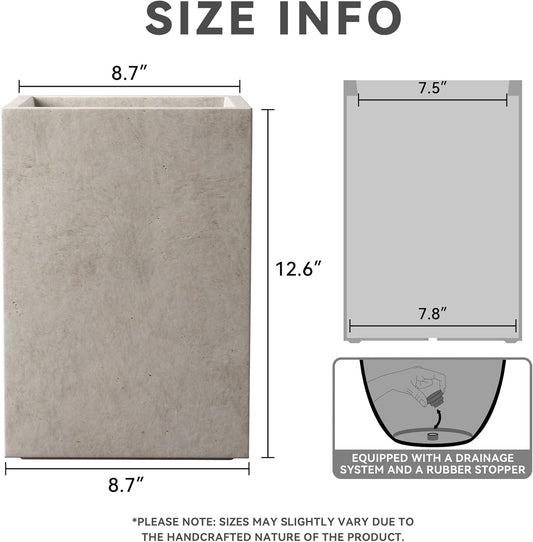 Kante 12.6" H Tall Rectangular Concrete Planters, Outdoor Indoor Lightweight Plant Pots with Drainage Hole and Rubber Plug, Modern Style for Home Garden Patio, Weathered Concrete
