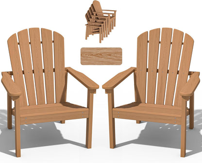 Stackable Adirondack Chair Set of 2, HDPE Outdoor Patio Chair - Durable and Space Saving, Suitable for Porches, Lawns or Garden, Teak