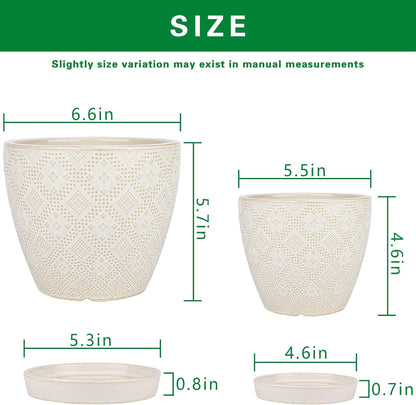 Docrin Ceramic Plant Pots Indoor, 6.6 + 5.5 Inch Planters with Drainage Holes and Saucer for Home/Office - Set of 2 /White