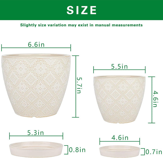 Docrin Ceramic Plant Pots Indoor, 6.6 + 5.5 Inch Planters with Drainage Holes and Saucer for Home/Office - Set of 2 /White