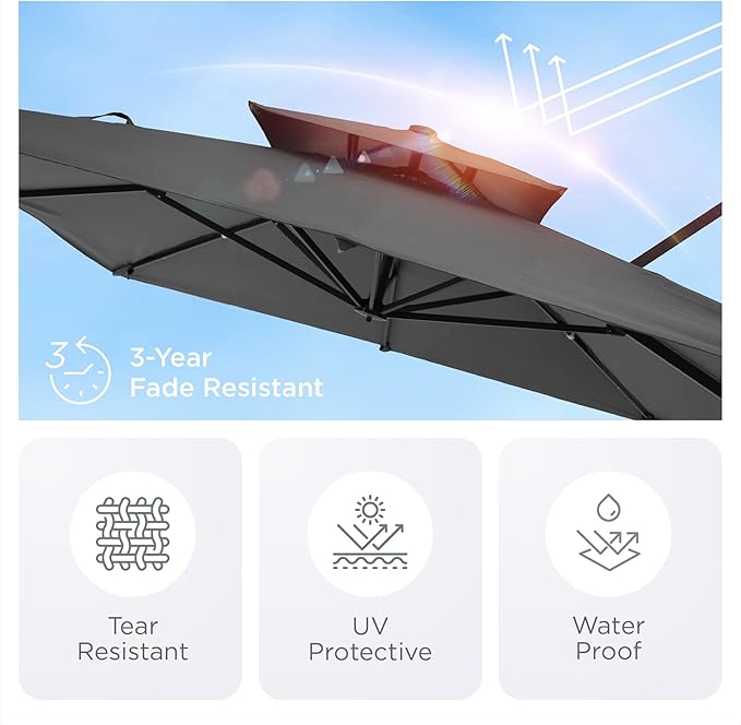 9' X 12' Cantilever Patio Umbrella with Base Included 360°Rotation Rectangular Outdoor Large Offset Umbrellas Double Top Heavy Duty Windproof for Garden Deck Pool, Grey