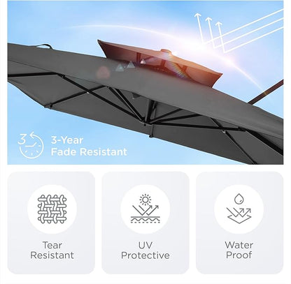 9' X 12' Cantilever Patio Umbrella 360°Rotation Rectangular Outdoor Large Offset Umbrellas Double Top Heavy Duty Windproof for Garden Deck Pool Backyard, Grey