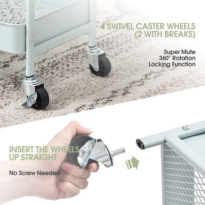 TOOLF 3-Tier Rolling Cart, Metal Utility Storage Cart with DIY Pegboards, Art Craft Trolley with Baskets Hooks, Serving Organizer Easy Assemble for Office, Home, Kitchen, Classroom (Green)