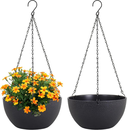 8 inch Small Hanging Planters Plant Pots for Indoor Outdoor Plants, 2 Pack Hanging Flower Pots with Drainage Holes and Chain for Garden Porch, Plastic Hanging Baskets for House Plants, Black