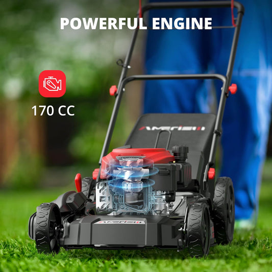 Gas Lawn Mower, 170cc OHV Engine with Forced Air Cooling, 21" Steel Deck, 3-in-1 Mulching/Bagging/Side Discharge, 6 Cutting Heights, 1.4-Bushel Grass Catcher, Self-Propelled