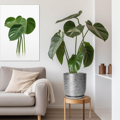 12 Inch Plant Pot - Ceramic Planter for Indoor Outdoor Plants, Modern Round Decorative Flower Pot with Drainage Hole and Saucer, Housewarming Gifts, Home Patio Decor, Silver