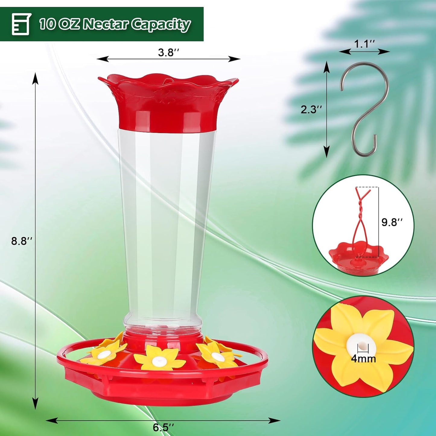 FEED GARDEN 10 OZ Hummingbird Feeders for Outdoors Hanging Ant and Bee Proof, Plastic Humming Birds Feeders for Outside with 5 Feeding Ports, Red Hanging Mount Hummingbird Feeder Easy Clean