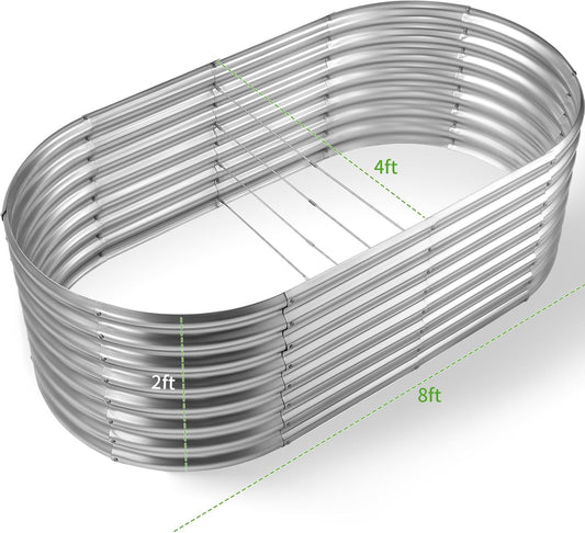 Land Guard Galvanized Raised Garden Bed, 8x4x2ft Planter Boxes Outdoor, Oval Larger Metal Planter Boxes for Vegetables, Fruits, Flowers (Silver)