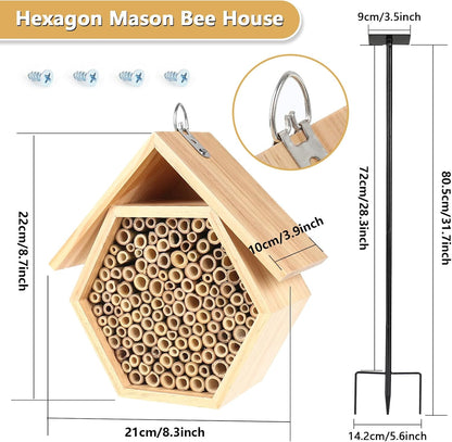 Mason Bee House for Garden, Natural Wooden Bee Habitat with Metal Ground Stake, Attracts Pollinators, Improve Garden Productivity, Outdoor Decoration