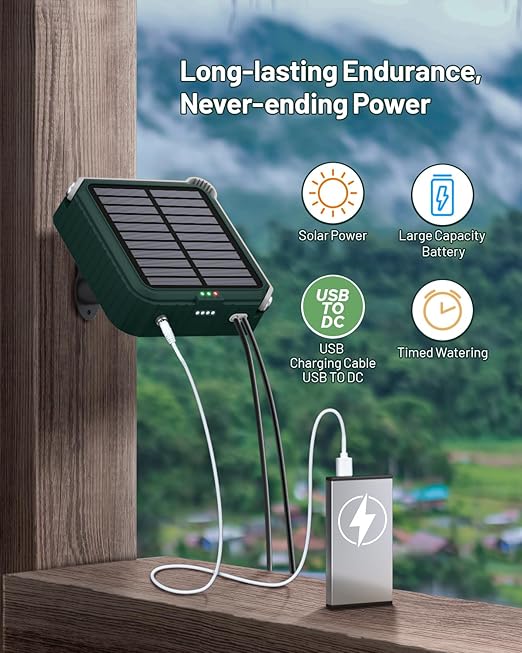 Solar Automatic Drip Irrigation System, Harness Sunshine or External Power for Indoor and Outdoor Use, Rain or Shine! Anti-Siphoning, Supports Up to 15 Potted Plants, User-Friendly Design. (Green)