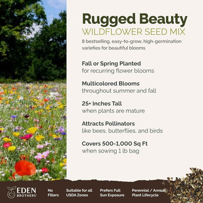 Eden Brothers Rugged Beauty Flower Mixed Seeds for Planting, 1 lb, 480,000+ Seeds with Cornflower Tall Blue, Candytuft | Attracts Pollinators, Plant in Spring or Fall, Zones 3, 4, 5, 6, 7, 8, 9, 10
