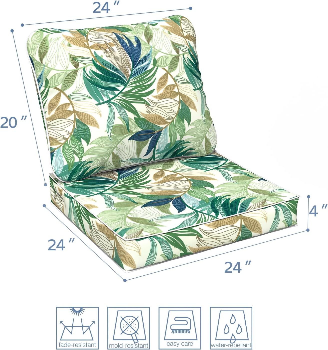 LVTXIII Outdoor Deep Seat Cushion Patio Seat and Back Cushion Set Seasonal Chair Cushion for Dining Arm Chairs, Wicker Chairs and Garden Furniture Decoration, 24"x24"x4", Lush Leaf Green