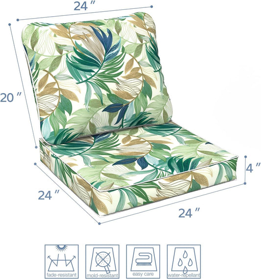 LVTXIII Outdoor Deep Seat Cushion Patio Seat and Back Cushion Set Seasonal Chair Cushion for Dining Arm Chairs, Wicker Chairs and Garden Furniture Decoration, 24"x24"x4", Lush Leaf Green