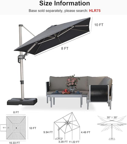 PURPLE LEAF 8' X 10' Left-right Tilting Patio Umbrella Outdoor Swivel Cantilever Umbrella Aluminum Offset Umbrella with Champagne Frame and 360-degree Rotation for Garden Deck Pool, Grey