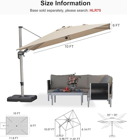 PURPLE LEAF 10' X 6.5' Left-right Tilting Patio Umbrella Outdoor Swivel Cantilever Umbrella Aluminum Offset Umbrella with Champagne Frame and 360-degree Rotation for Garden Deck Pool, Beige
