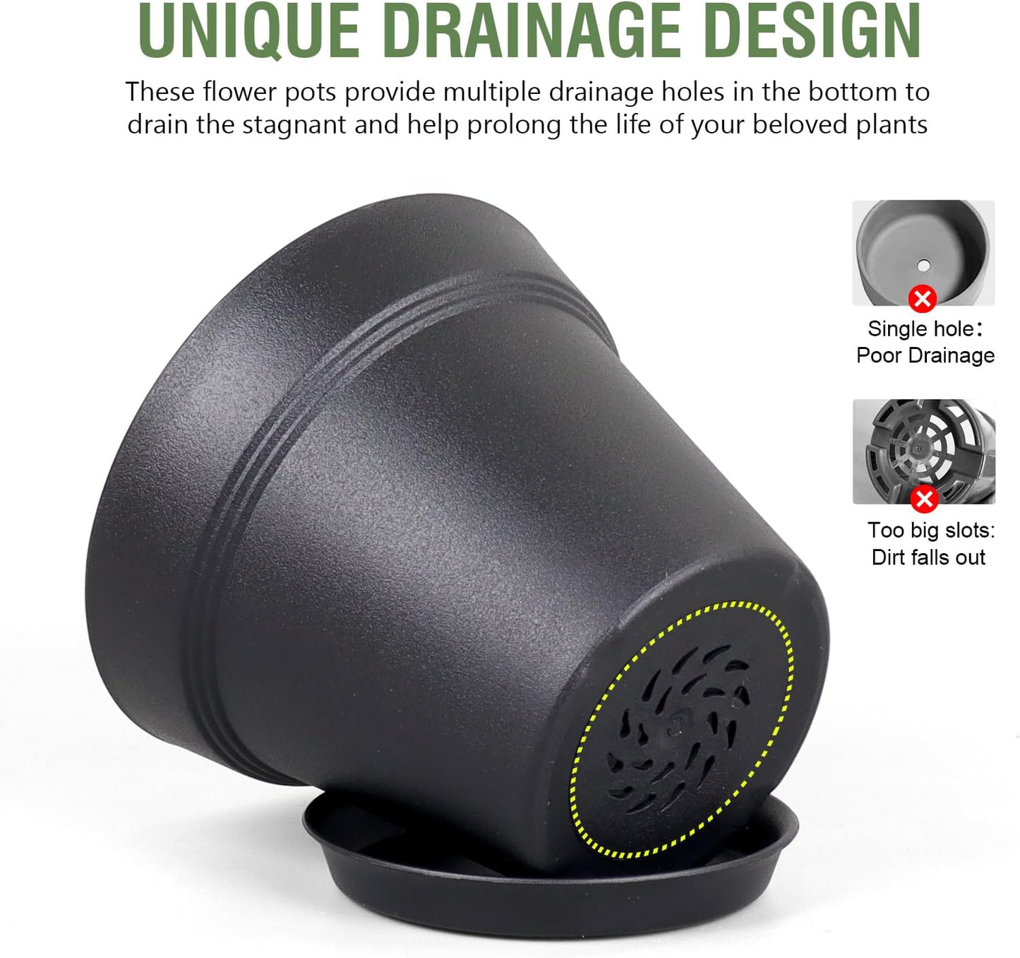 4 inch Small Plastic Nursery Pots, 16 Pack Plant Pots for Indoor Outdoor Plants, Flower Pots with Drainage Holes and Saucers, Decorative Seedling Starter Planters for House Plants, Black