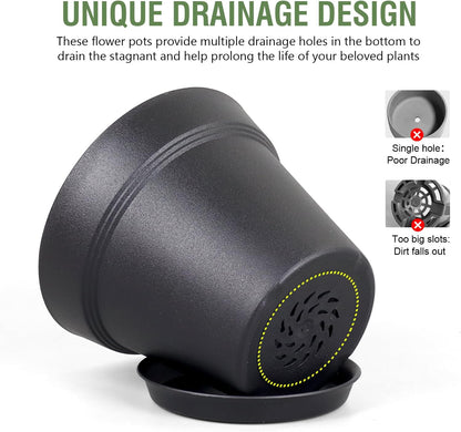 4 inch Small Plastic Nursery Pots, 16 Pack Plant Pots for Indoor Outdoor Plants, Flower Pots with Drainage Holes and Saucers, Decorative Seedling Starter Planters for House Plants, Black