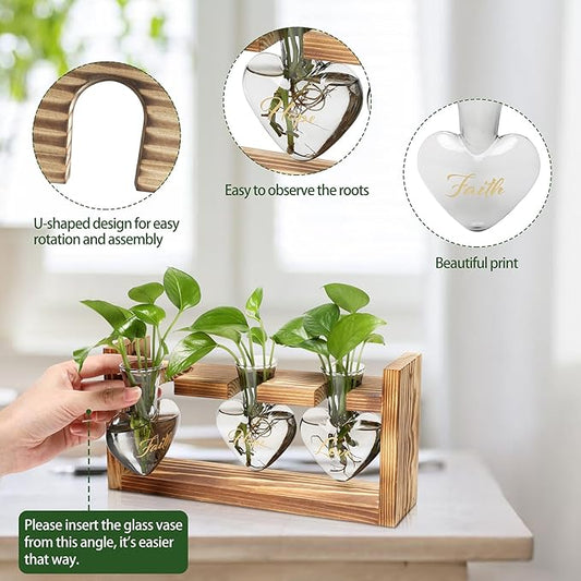 Plant Terrarium Propagation Stations Faith Hope Love Hydroponics Home Garden Decoration Gift for Women with Wooden Stand Heart Shaped Colored Glass Vase