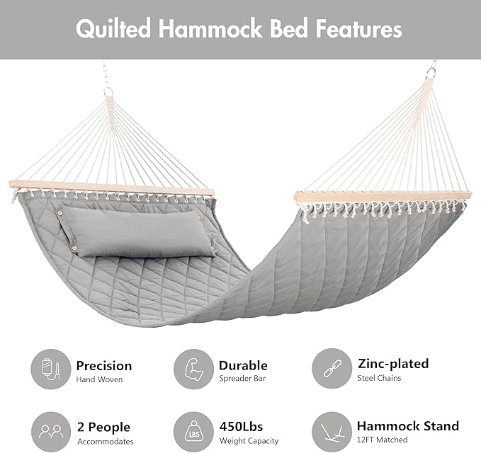 ANOW Heavy Duty Hammock with Spreader Bars and Detachable Pillow, 2 Person Hammock for Outdoors Indoors, 450 LBS Weight Capacity, Light Gray