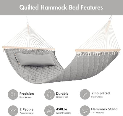 ANOW Heavy Duty Hammock with Spreader Bars and Detachable Pillow, 2 Person Hammock for Outdoors Indoors, 450 LBS Weight Capacity, Light Gray