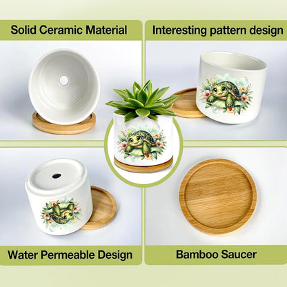 Turtle Succulent Pots 3 Pack, 3 Inch Succulent Planters with Drainage and Bamboo Tray, Turtle Gifts for Women, Ceramic Small Pots for Baby Plants, Cactus, Herbs- Plants Not Included