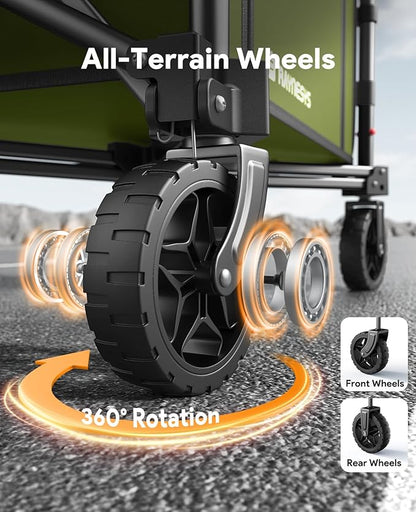 Collapsible Wagon Cart with Wheels 220lbs Foldable Wagon 120L Shopping Cart for Groceries Folding Utility Wagon for Beach, Garden, Camping, Sport, Wheelbarrows, Green