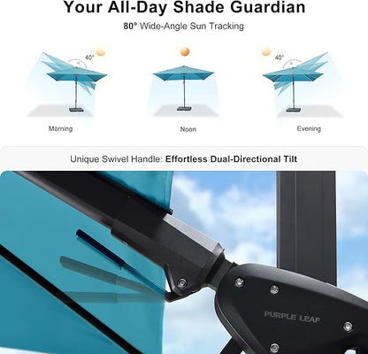 PURPLE LEAF 8' X 8' Left-right Tilting Patio Umbrella Outdoor Cantilever Swivel Square Umbrella Aluminum Offset Umbrella with 360-degree Rotation for Garden Deck Pool Patio Turquoise Blue