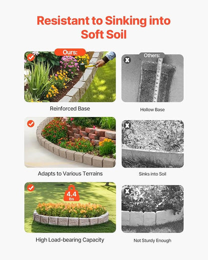 VEVOR Faux Stone Landscape Edging, No Dig Garden Edging Border, Flexible Blocks for Lawn Edging, Flower Beds, Driveway, Yards with 12 Spikes, 4 Pack 24 Bricks 16FT Kit, 46.9" Lx 4" W x 6" H, Brown