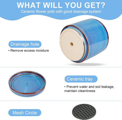 EFISPSS Ceramic Planter 8 Inch, Ceramic Plant Pots with Drainage Hole and Saucer, Indoor Modern Flower Pot for Home and Office Flower Pot - Blue