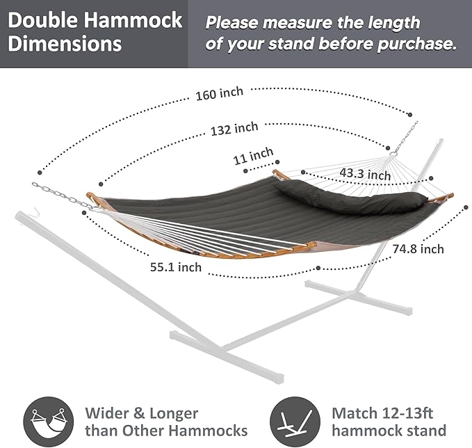 SUNCREAT Portable Double Hammock with Curved Spreader Bar, 450 lbs Capacity, Heavy Duty Outdoor Hammock with Outer Bag, Dark Gray