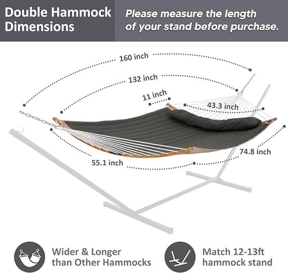 SUNCREAT Portable Double Hammock with Curved Spreader Bar, 450 lbs Capacity, Heavy Duty Outdoor Hammock with Outer Bag, Dark Gray