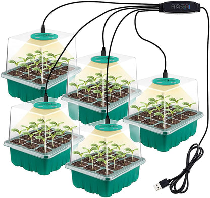 6-Pack Seed Starter Tray Kit with Grow Light, Adjustable Brightness & Timing Controller, Seedling Trays with Humidity Domes & Heightened Lids, Thicken Design, Ideal for Indoor Plant Growth