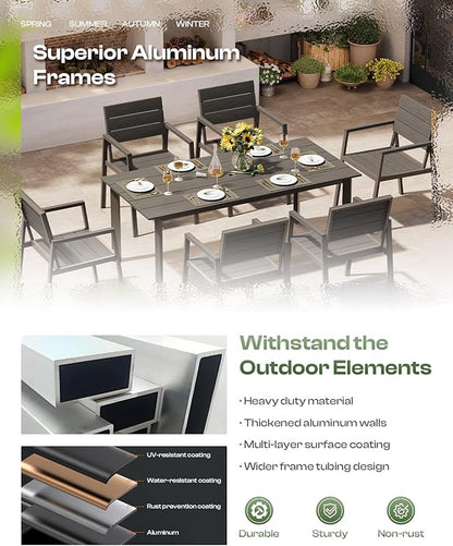 Aluminum Patio Dining Sets 5-Piece Outdoor Dining Sets with Umbrella Hole Wood-Like Table and Chairs, Outdoor Furniture Sets All Weather for Garden, Backyard, Lawn, and Poolside, Charcoal