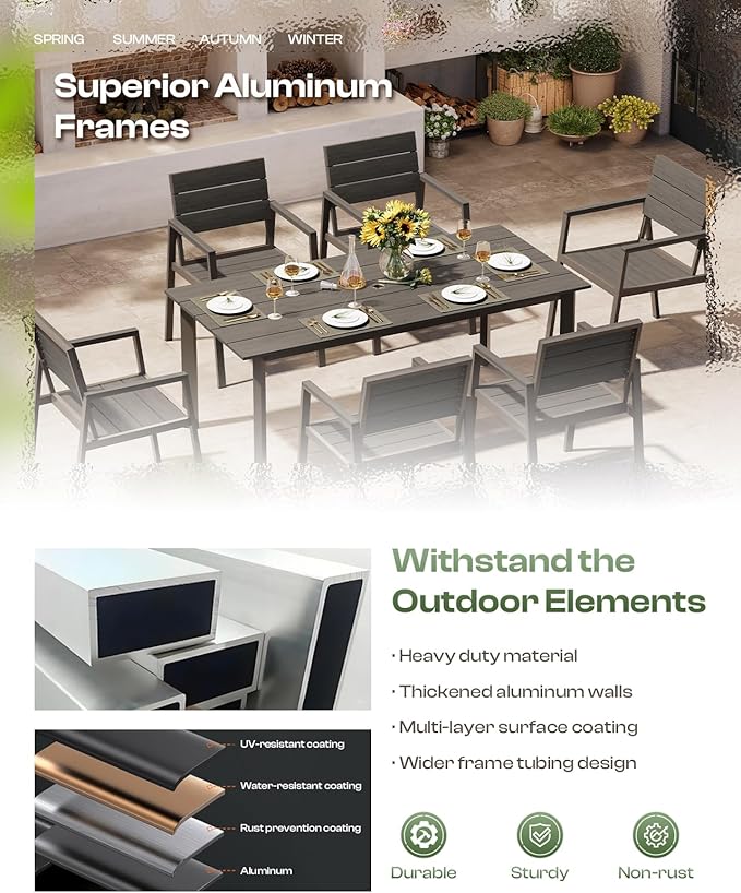 Outdoor Patio Dining Table Sets 7-Piece Aluminum and HDPS All-Weather Table and Chairs with Umbrella Hole, Patio Modern Furniture Sets for Garden, Backyard (Charcoal)