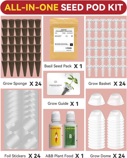 LYKOCLEAN Hydroponic Seed Pod Kit Compatible with AeroGarden, Ahopegarden, iDoo, MUFGA, 24 Pods Complete Growing Anything Garden Supply with Strawberry Seeds, Grow Sponges, Baskets, Domes, Labels