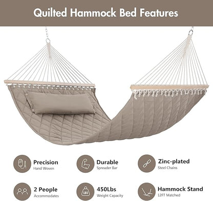 ANOW Double Hammock with Spreader Bars and Detachable Pillow, 2 Person Hammock for Outside, 450 LBS Weight Capacity, Light Brown