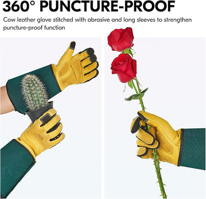 Vgo... Safety Work Gloves Men,Extra-long Cuff, Cow Grain Leather,Puncture-proof, Thornproof, Durability, Touchscreen,Gardening (1 Pair,Size XL, Golden Green, CA7472)