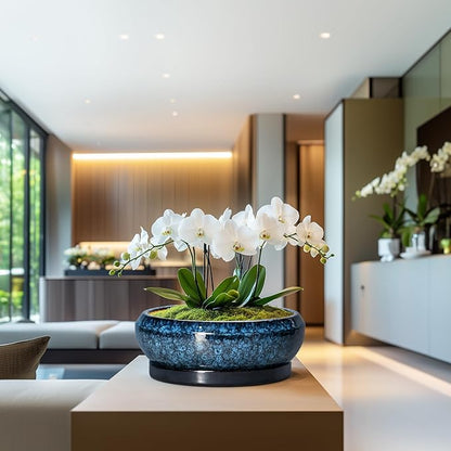 Bonsai Pots - 13 Inch Ceramic Succulent Pots for Indoor Outdoor, Large Succulent Planter with Drainage Hole and Saucer, Round Shallow Flower Planters, Porch Decor, Gardening Gifts, Blue