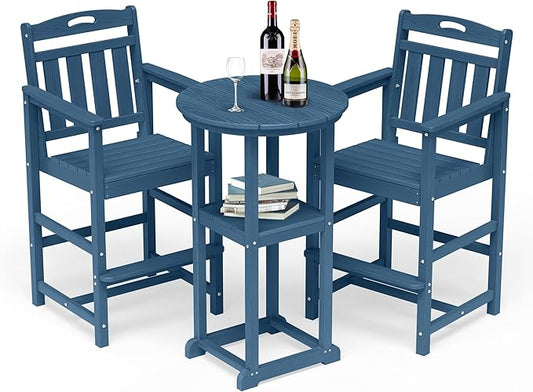 HDPE Outdoor Patio Bar Set with Bar Height Table and 2 Adirondack Chairs, All-Weather High Top Outside Round Pub Furniture for Bistro, Garden, Backyard, Deck | 3-Pieces, Navy Blue