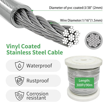 3/38" Wire Cable Rope Kit ，Vinyl Coated 304 Stainless Steel Wire – 300FT 7x7 Strand Cable with Turnbuckles，Shade Sail & Hanging Lights Hardware Kit for Outdoor, Garden,Patio, Crafts,