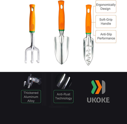 Ukoke Garden Tool Set, 3 Piece Aluminum Hand Tool Kit, Outdoor Tool, Heavy Duty Gardening Work Set with Ergonomic Handle, Gardening Tools for Women Men