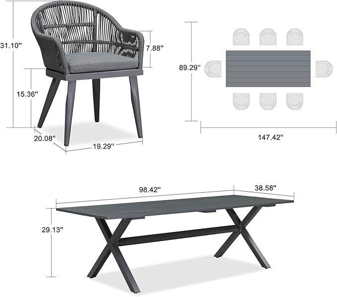 PURPLE LEAF 9 Piece Longer Patio Dining Set with Outdoor Aluminium Dining Table and Woven Chairs Modern Metal Furniture Cushions Sets for Garden Yard Indoor Decor Kitchen Gray