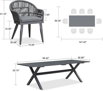 PURPLE LEAF 9 Piece Longer Patio Dining Set with Outdoor Aluminium Dining Table and Woven Chairs Modern Metal Furniture Cushions Sets for Garden Yard Indoor Decor Kitchen Gray