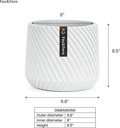 Fox & Fern 10 Inch Plant Pot with Drainage Plug — Premium Polystone White Plant Pot; Modern Planter with 3D Texture and Ceramic Finish; 10 Inch Pots for Plants Indoor & Outdoor