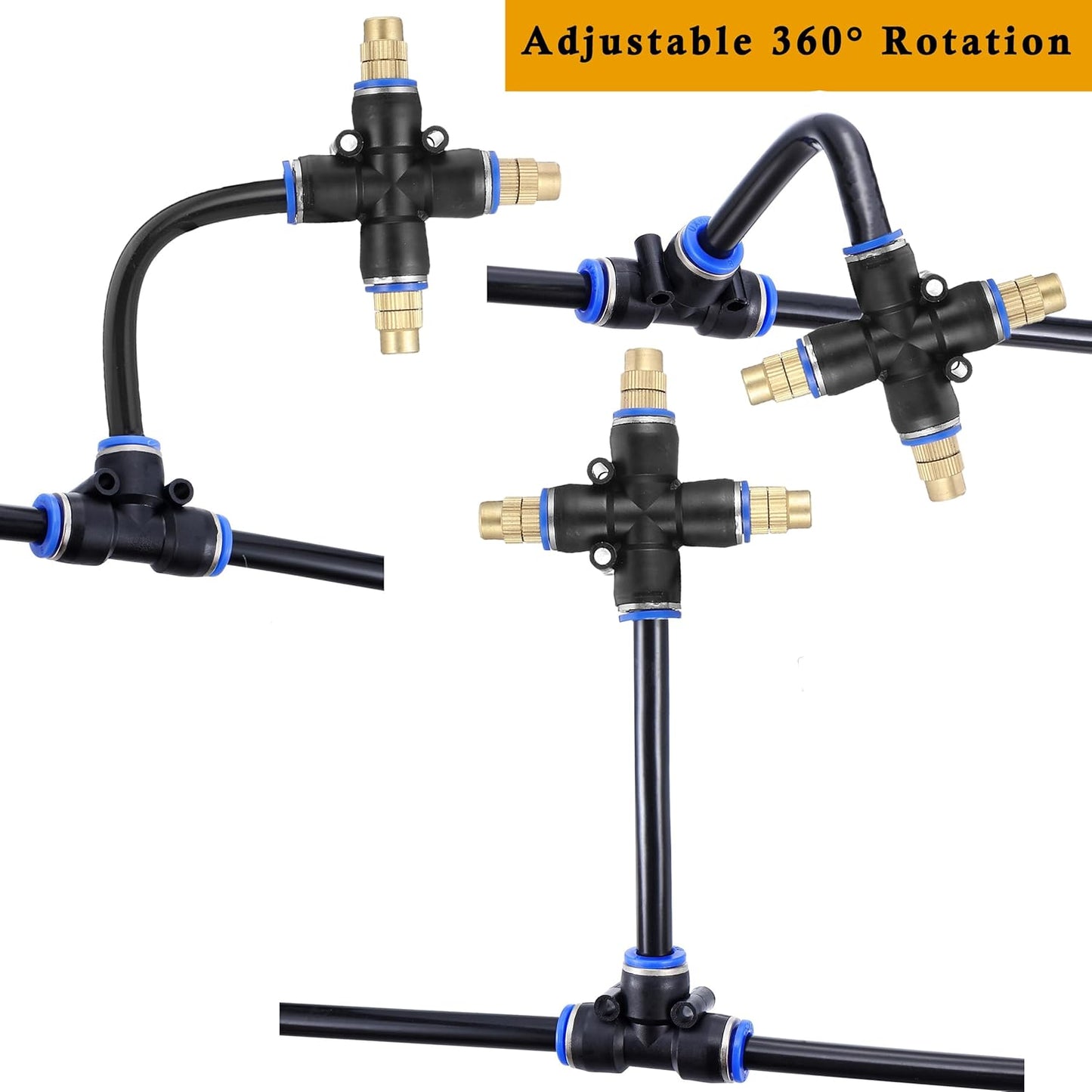 Mornajina 3Packs 3 Way Brass Misting Nozzles Tee with 5inch Built in Hose for Outdoor Cooling System, Adjustable 360° Rotation, Water Mister Nozzles Thread Sprayer 0.043" (1.1 mm)
