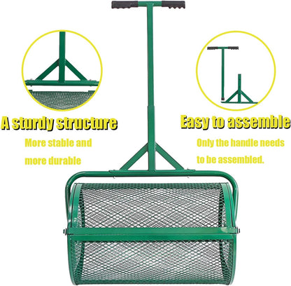 Compost Spreader, 24" Peat Moss Spreader, Roller Lawn Spreader with 3 Heights T Shaped Handle, Side Latches Powder Coated Steel Mesh Basket, Lawn & Garden Spreader for Spreading Manure Topsoil, Green