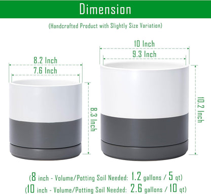 D'vine Dev 8.2 Inch & 10 Inch Ceramic Planter Pot for Plants with Drainage Hole and Saucer, Large Plant Pots Set, White/Speckled Grey, 94-G-L-6