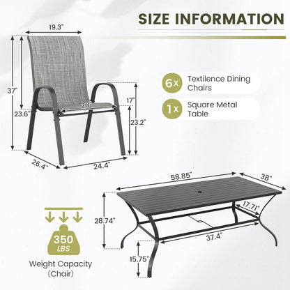 UDPATIO Patio Dining Set of 7, Outdoor Table and Chairs Set with Square Metal Table, 6 Stackable Patio Chairs with High Back, Outdoor Furniture for Deck Garden Backyard Lawn Poolside (Light Grey)